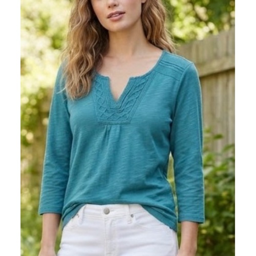 LL Bean Women Teal Blue Cotton Slub Knit Embroidered Split Neck 3/4 Sleeve Top L